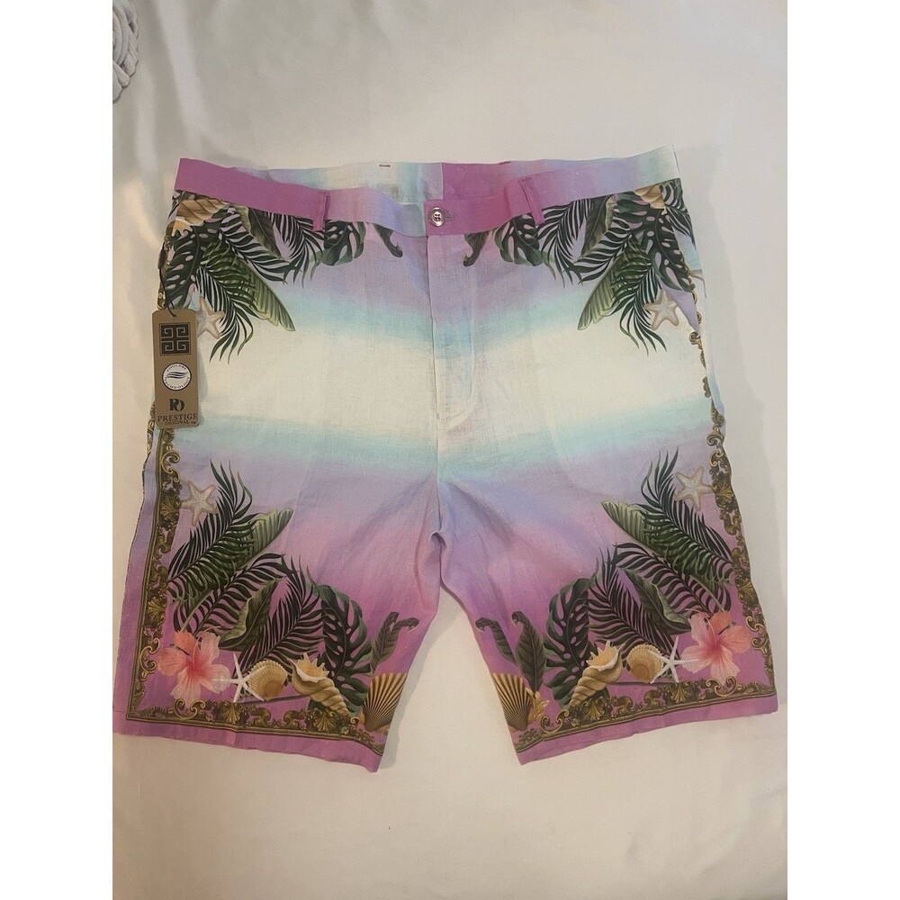 Prestige Original Men's Tropical Palm Linen Shorts Pink Blue Size 42 Resort NWT
